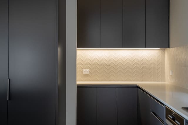 Kitchen reno: black cabinets with LED strip lighting